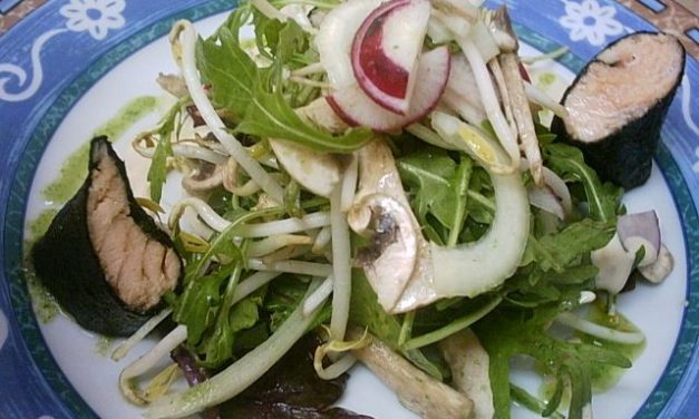 סלמון עטוף באצות נורי מטוגן ומוגש עם סלט ירוק בשני רטבים